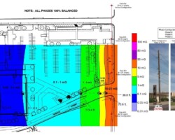 Transmission Line Study at Rural Road and ASU.  Magnetic field simulation shows the decay of the magnetic fields with distance from the power line source.